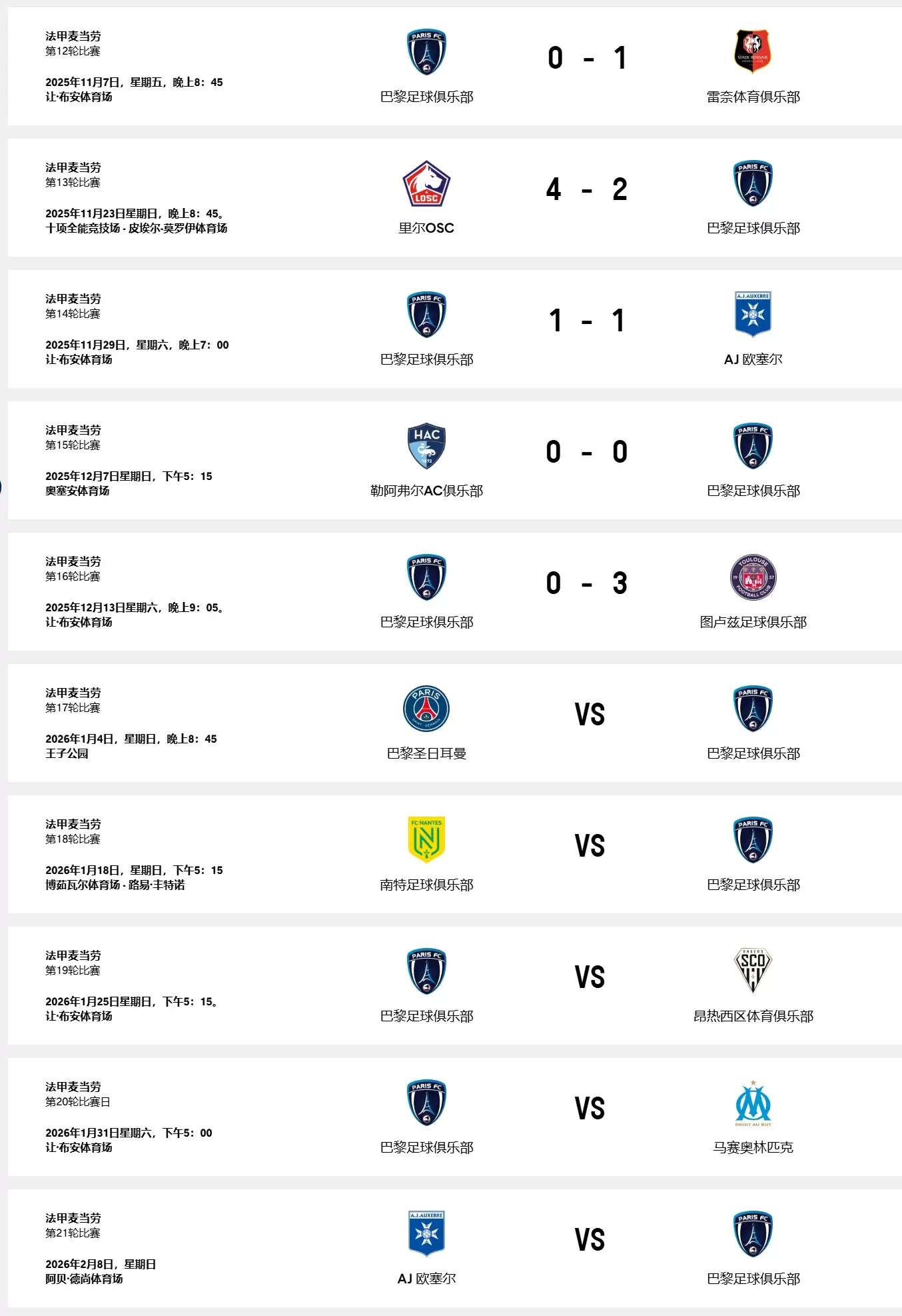 2025-2026巴黎足球俱乐部法甲赛程